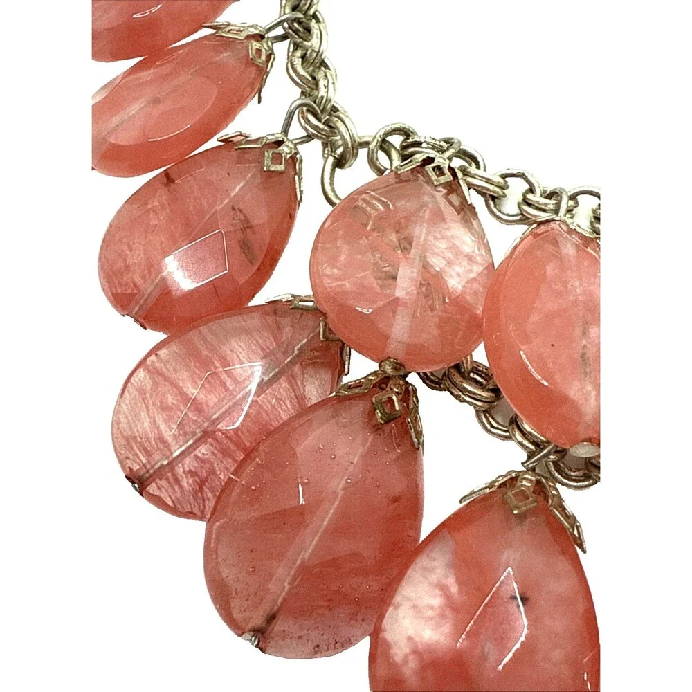 Rose Quartz Bib Necklace Double Strand Teardrop Dangle Stone Bead Statement 18